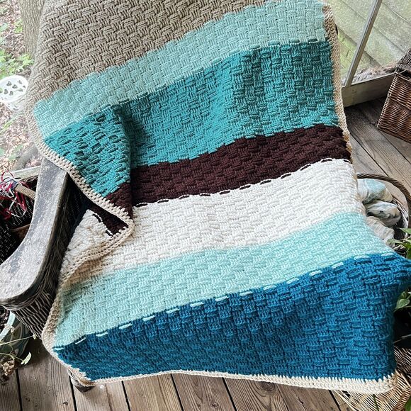 Handmade Afghan Teal Green Tan Crocheted Couch Throw 40" x 57" Modern Home - Picture 3 of 5